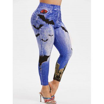 

Plus Size Halloween Bat Print 3D Jean Jeggings, Light blue