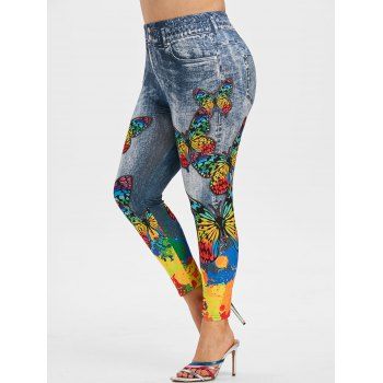 

Plus Size Butterfly Print Ninth Jeggings, Deep blue