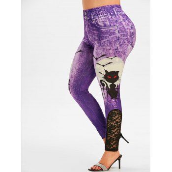 

Plus Size Lace Panel Halloween Cat 3D Print Jeggings, Purple