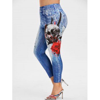 

Plus Size Halloween Skull Rose Print Ninth Jeggings, Blue