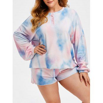 

Plus Size Drop Shoulder Tie Dye Henley Fleece Pajama Shorts Set, Multicolor