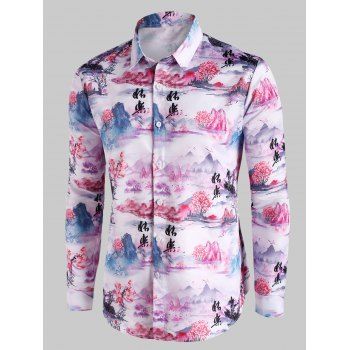 

Chinese Landscape Print Vintage Button Up Shirt, Multicolor