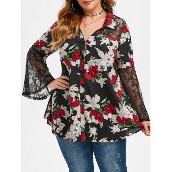 

Plus Size Floral Print Bell Sleeve Shirt, Black