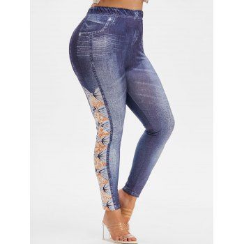 

Plus Size 3D Bowknot Lace Print Jeggings, Deep blue