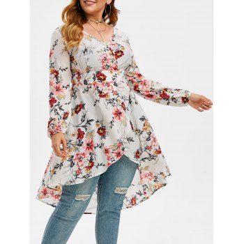

Plus Size Floral Print High Low Longline Blouse, Milk white