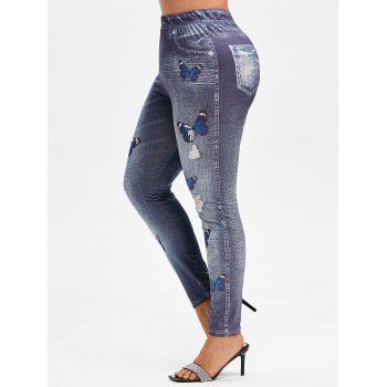 

Plus Size Butterfly 3D Destroyed Jean Print Jeggings, Deep blue
