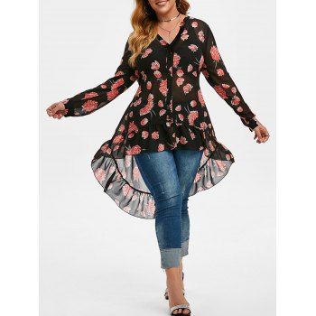 

Plus Size Chiffon High Low Floral Blouse, Black