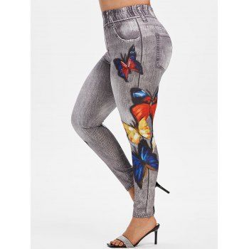 

Plus Size 3D Jean Print Butterfly Jeggings, Black
