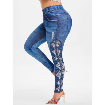 

Plus Size 3D Lace Jean Print Skinny Jeggings, Denim dark blue