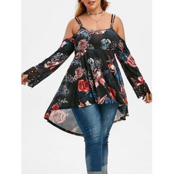 

Plus Size Cold Shoulder Floral Print High Low T Shirt, Black