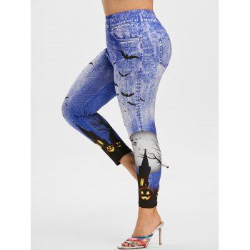 

Plus Size Bat Castle Print Halloween Jeggings, Light blue