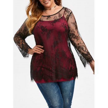 

Plus Size Lace Blouse and Cami Top Set, Black