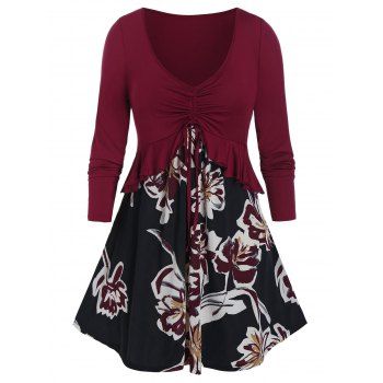 

Plus Size Flower Print Cinched Tie Flounce Long Sleeve Tee, Red wine