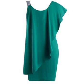 

Plus Size Flounce One Shoulder Mini Dress, Deep green