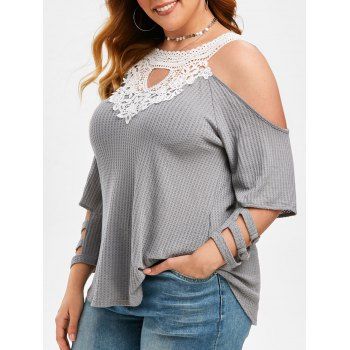 

Plus Size Cold Shoulder Lace Insert Cut Out Knitwear, Gray cloud