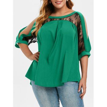 

Lace Panel Open Shoulder Curved Hem Plus Size Blouse, Green