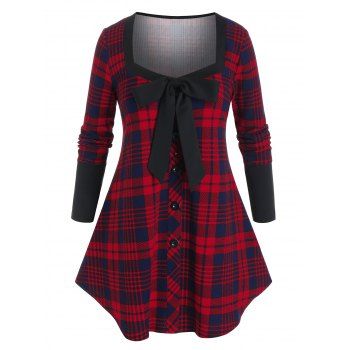 

Plus Size Bowknot Plaid Buttoned Long Sleeve Tee, Multicolor