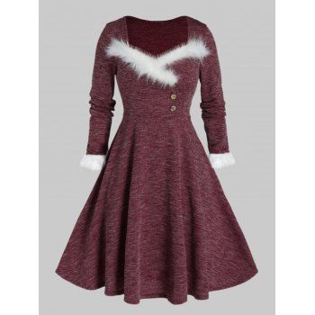 

Plus Size Faux Fur Insert Buttoned Knitted Dress, Red wine