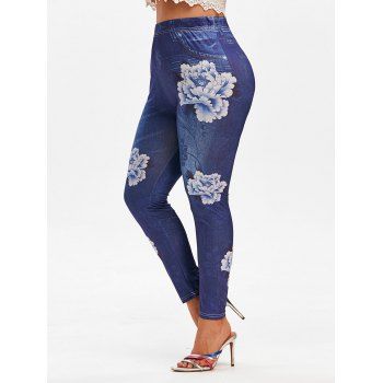 

Plus Size Flower 3D Jean Pattern Stretchy High Rise Jeggings, Deep blue