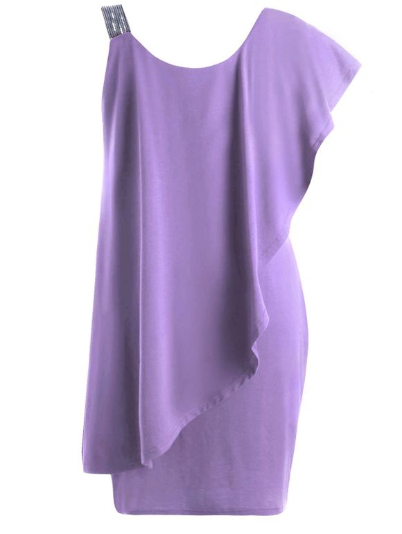 Robe Courte Volantée à Une épaule Nue Grande Taille - Violet clair 5XL