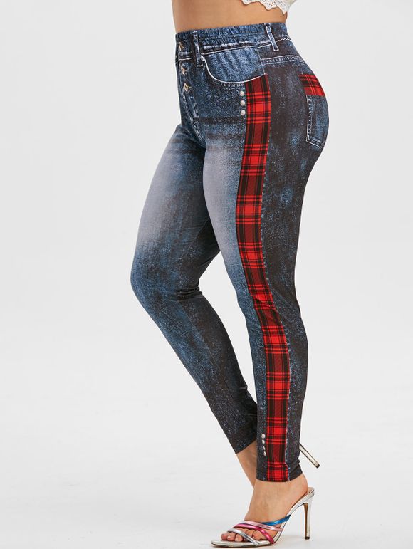 Legging 3D Jean Imprimé à Carreaux de Grande Taille - Bleu profond 5X