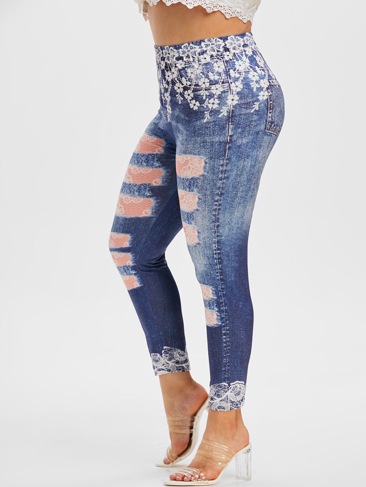 [34% OFF] 2020 Plus Size 3D Ripped Lace Jean Print Ninth Jeggings In ...