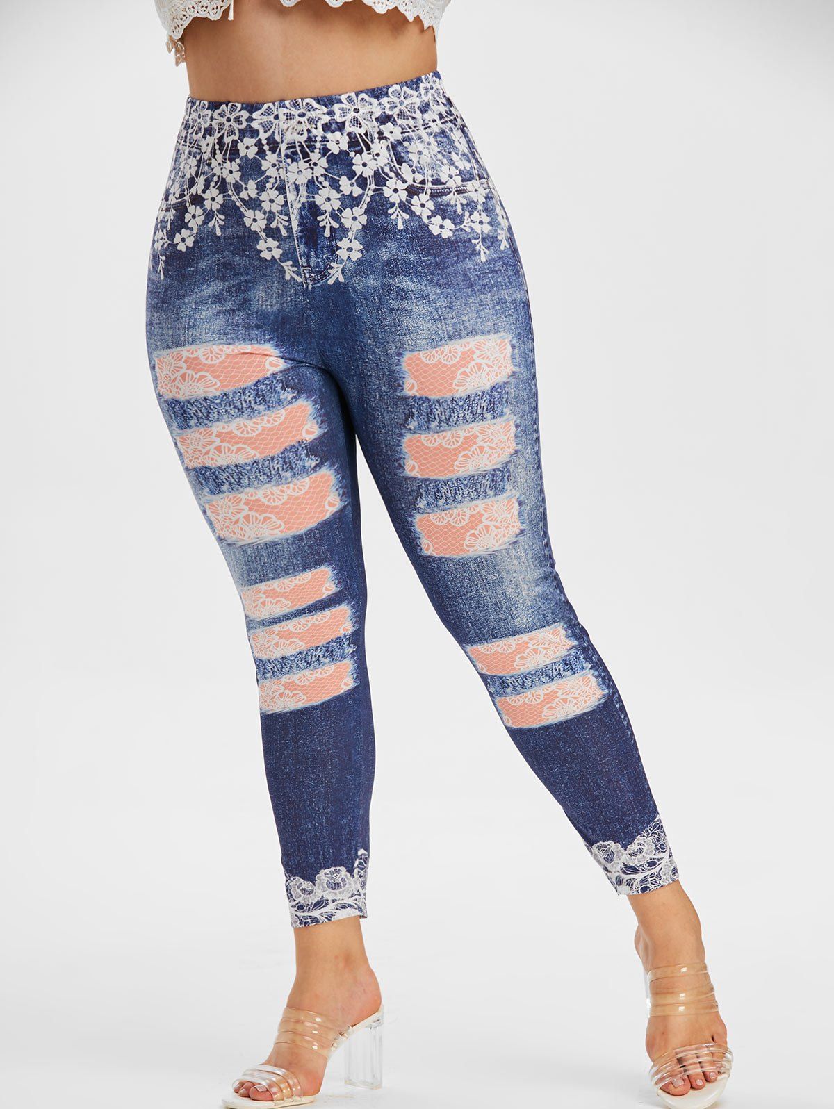 [34% OFF] 2020 Plus Size 3D Ripped Lace Jean Print Ninth Jeggings In ...