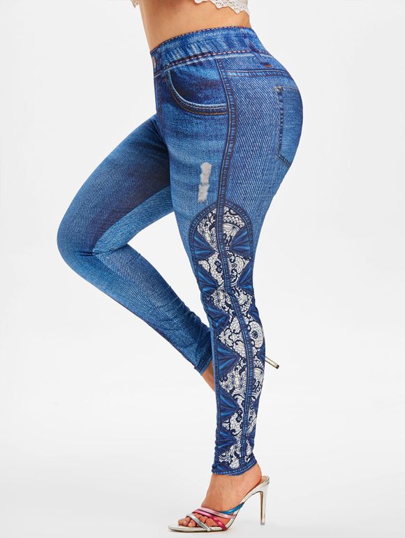 Legging Moulant 3D Jean en Dentelle Imprimé de Grande Taille - Bleu Foncé Toile de Jean 5X