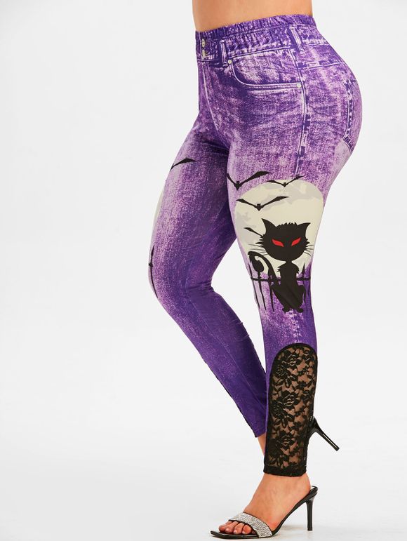 Legging d'Halloween 3D Chat Imprimé Panneau en Dentelle de Grande Taille - Pourpre 5X