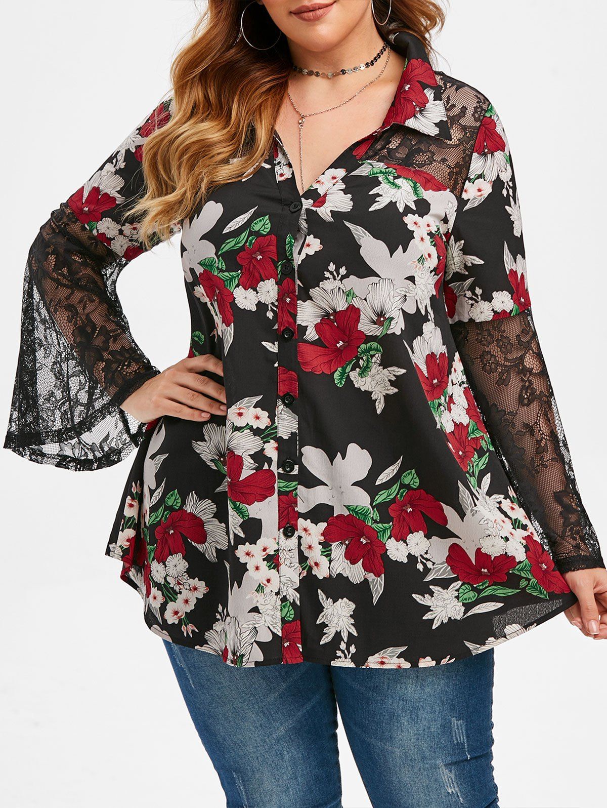 Plus Size Floral Print Bell Sleeve Shirt - BLACK 4X