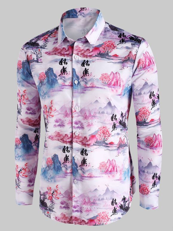 Chemise Vintage Paysage à Imprimé Chinois Boutonnée - multicolor 2XL