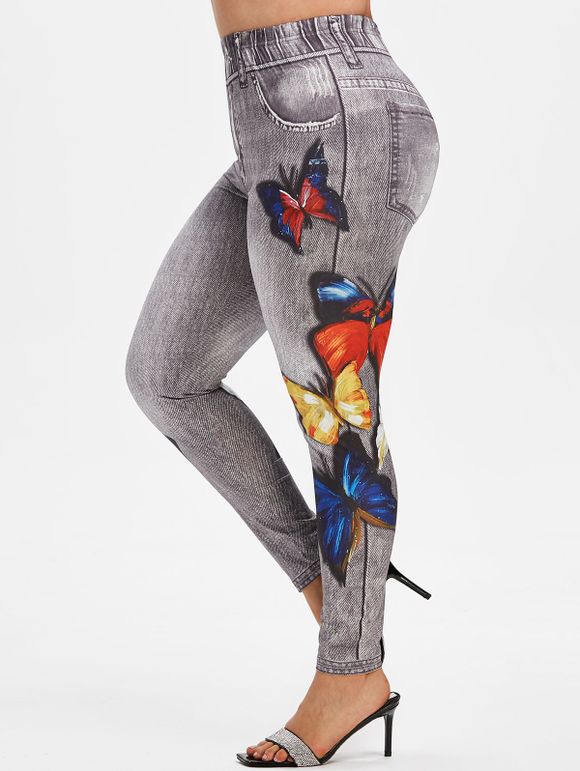 Legging Papillon Imprimé 3D Jean de Grande Taille - Noir 5X