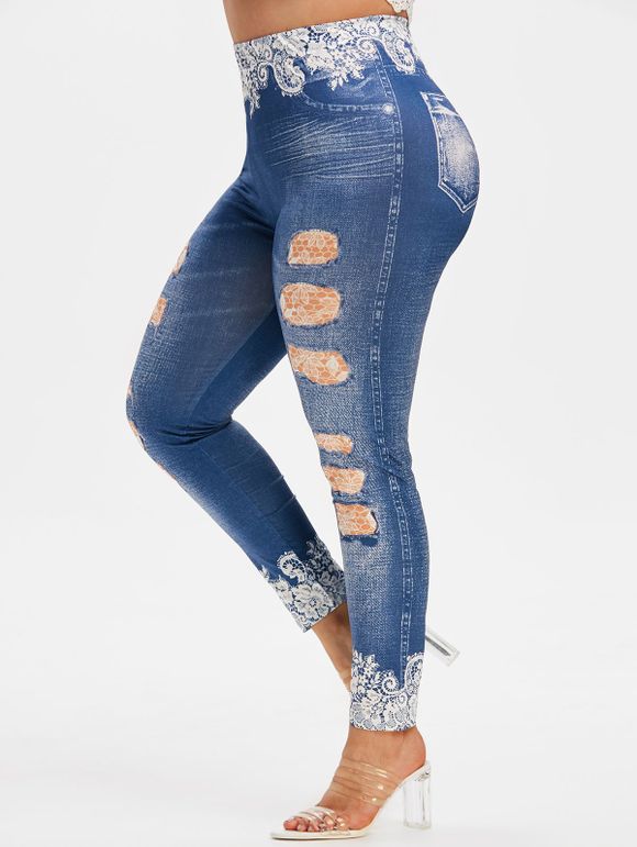 Legging Moulant Déchiré Imprimé 3D Jean de Grande Taille - Bleu 5X