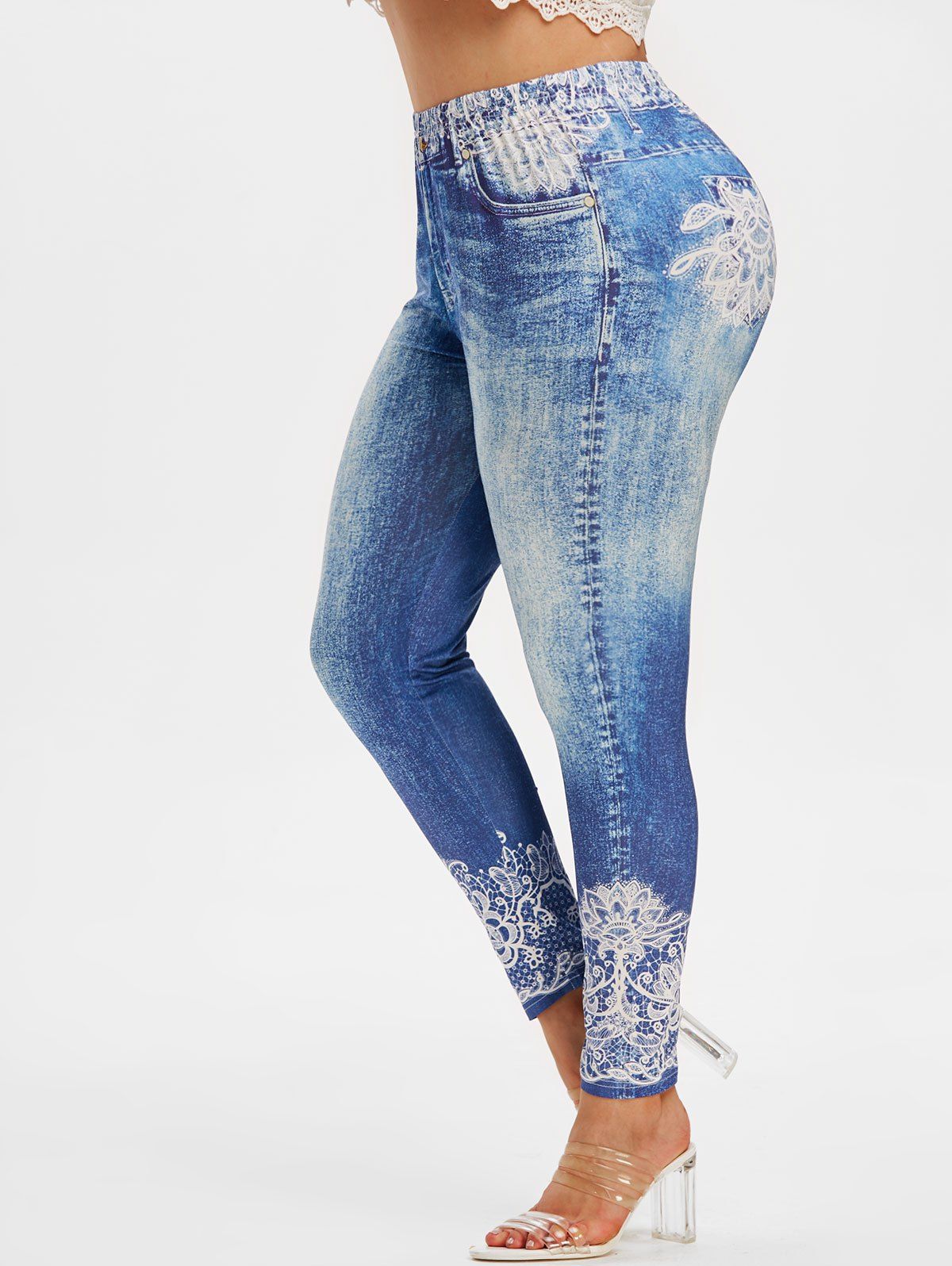 [33% OFF] 2022 Plus Size 3D Lace Jean Print Tight Jeggings In BLUE ...