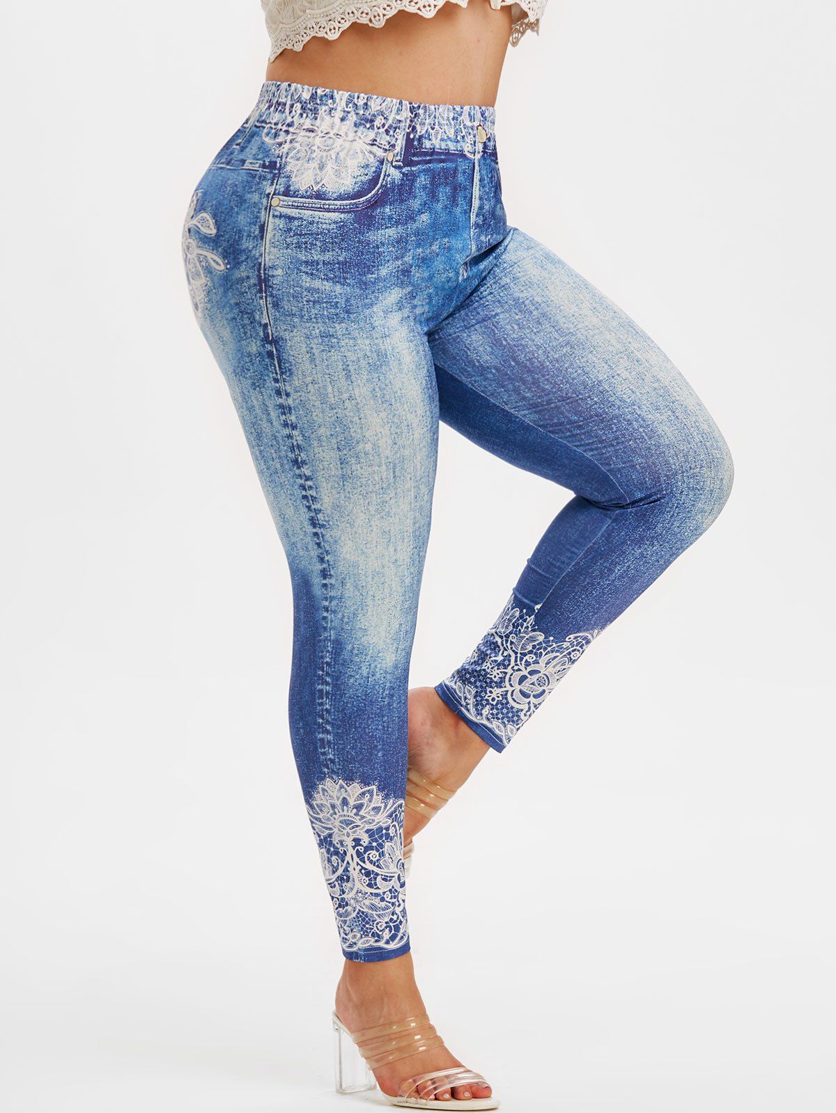 [46% OFF] 2020 Plus Size 3D Lace Jean Print Tight Jeggings In BLUE ...