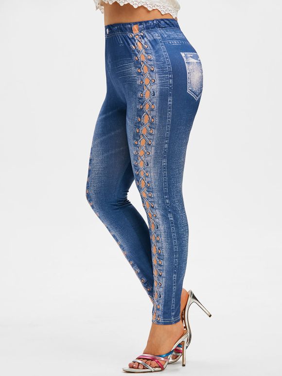 Legging 3D Jean Imprimé de Grande Taille à Lacets - Bleu L