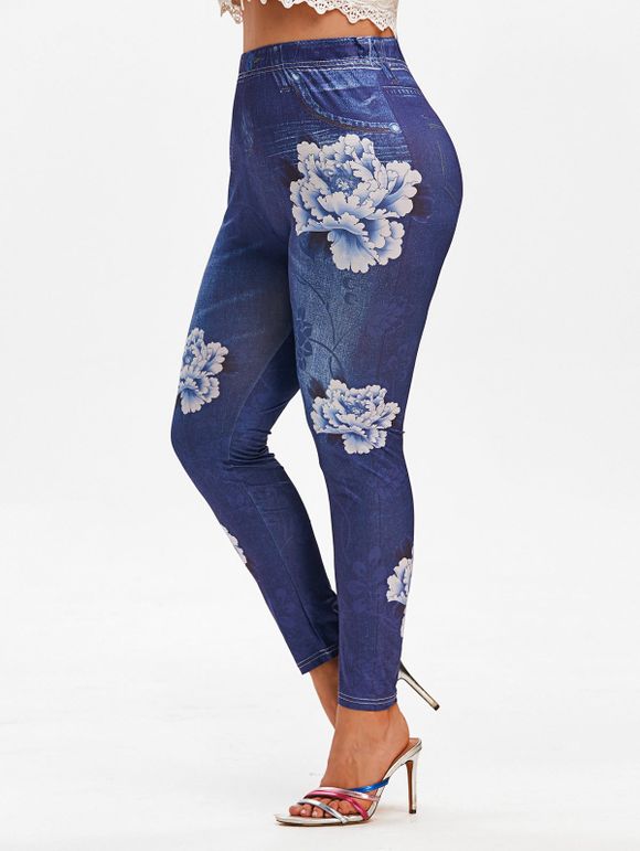 Legging Elastique 3D Fleur Motif de Jean à Coupe Haute de Grande Taille - Bleu profond L