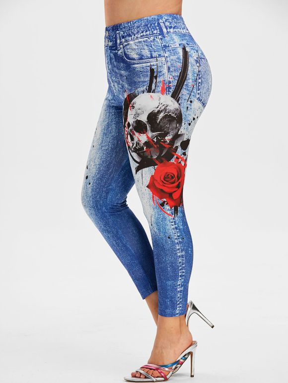 Legging d'Halloween Rose Crâne Imprimés de Grande Taille - Bleu 4X