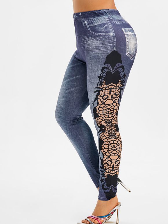 Legging Extensible Motif de 3D Taille Haute de Grande Taille - Bleu clair 5X