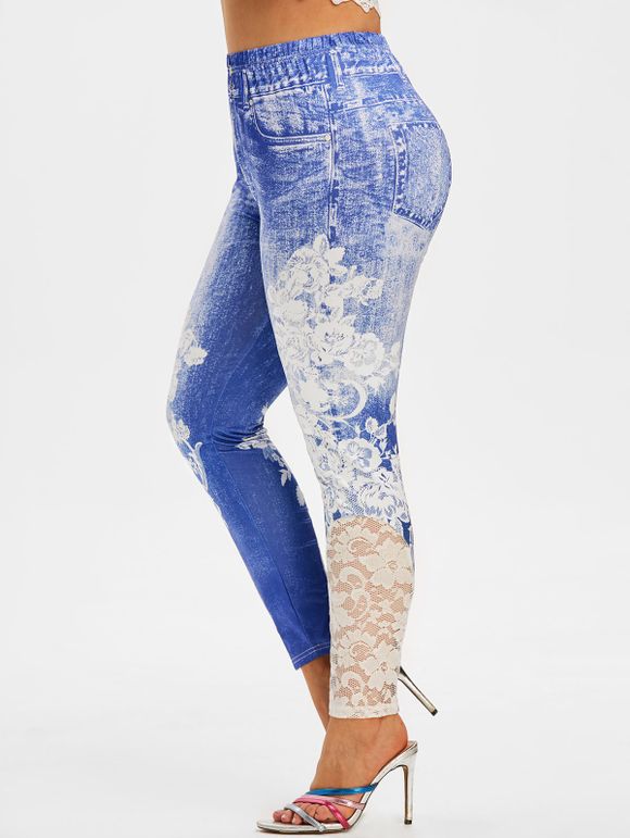 Legging 3D Jean en Dentelle Insérée Imprimé de Grande Taille - Bleu 4X