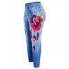 Legging 3D Plume et Rose Imprimées en Denim de Grande Taille - Bleu clair 5X