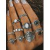 10 Piece Ethnic Engraved Rhinestone Wide Finger Rings Set - SILVER 