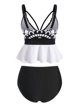 Cutout Lace-up Printed Peplum Tankini Swimwear