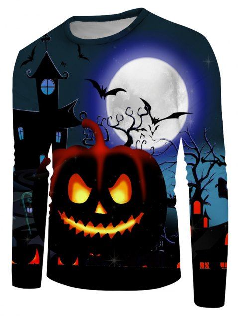 T-shirt d'Halloween Décontracté Lune Graphique Citrouille à Col Rond