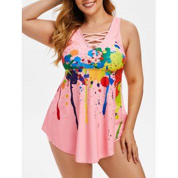 

Plus Size Splatter Paint Criss Cross Boxer Tankini Swimwear, Light pink