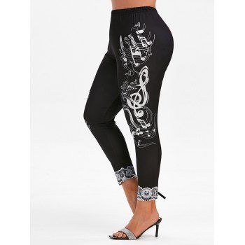 

Plus Size Musical Notes Lace Print High Rise Leggings, Black