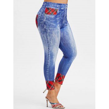 

Plus Size Plaid 3D Jean Print Jeggings, Light blue