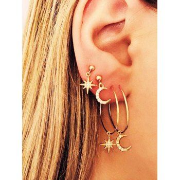 

Rhinestone Star Moon Asymmetrical Drop And Hoop Earrings Set, Golden