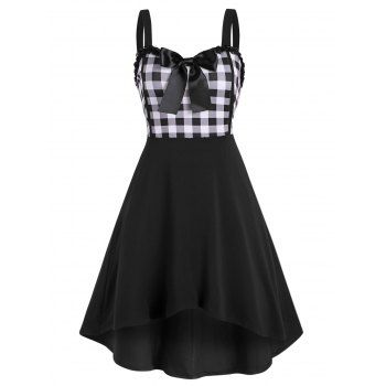 

Lace Trim Bowknot Gingham High Low Dress, Black