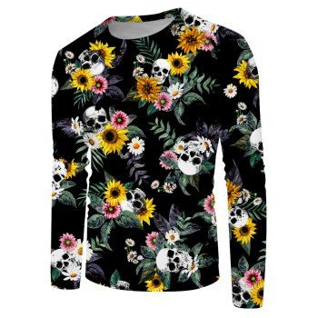 

Skull Daisy Floral Print Crew Neck Casual T Shirt, Multicolor